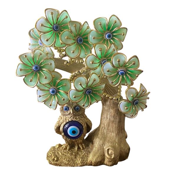 Turkish Blue Evil Eye Tree with Painted Golden Owl Statue Artificial Flowers - Picture 1 of 9